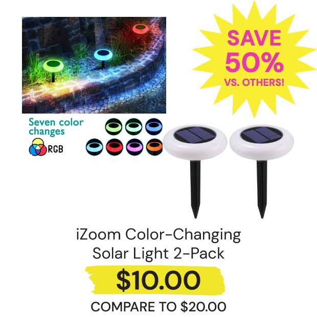 $10 iZoom Color-Changing Solar Light 2-Pack Save 50% vs. Others!